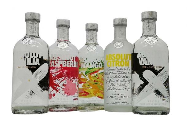5 Absolut Vodka bottles in a row